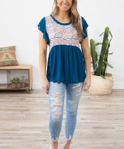 Haptics Tops Teal Abstract Geometric Print Babydoll Top
