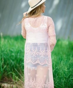 Haute Monde Tops Blush Crochet Lace Mid Length Kimono