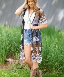 Haute Monde Black And White Crochet Lace Mid Length Kimono