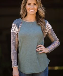 7th Ray Olive Multicolor Mixed Print Sleeve Top Tops