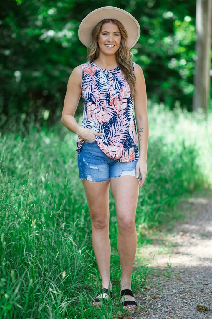 Perseption Navy And Salmon Palm Print Tank 4 Perseption Navy And Salmon Palm Print Tank