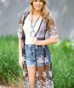 Haute Monde Black And White Crochet Lace Mid Length Kimono