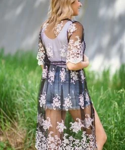 Haute Monde Black And White Crochet Lace Mid Length Kimono