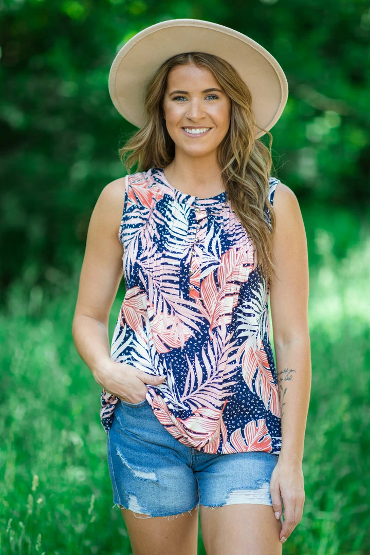 Perseption Navy And Salmon Palm Print Tank 3 Perseption Navy And Salmon Palm Print Tank