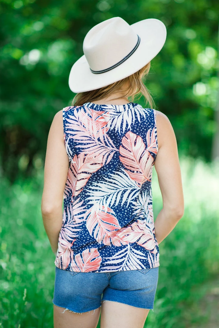 Perseption Navy And Salmon Palm Print Tank 6 Perseption Navy And Salmon Palm Print Tank