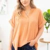 Lime N Chili SHORT SLEEVES Peach Textured Roll Sleeve V-Neck Top