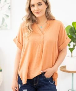 Lime N Chili SHORT SLEEVES Peach Textured Roll Sleeve V-Neck Top
