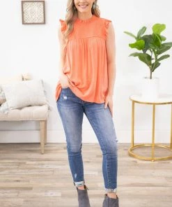 Staccato TANK TOPS Coral Smocked Yoke Ruffle Trim Tank 9 Staccato TANK TOPS Coral Smocked Yoke Ruffle Trim Tank