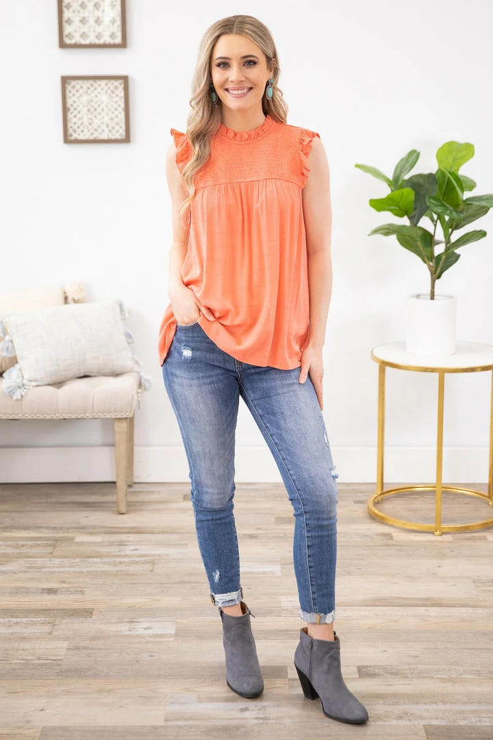 Staccato TANK TOPS Coral Smocked Yoke Ruffle Trim Tank 5 Staccato TANK TOPS Coral Smocked Yoke Ruffle Trim Tank