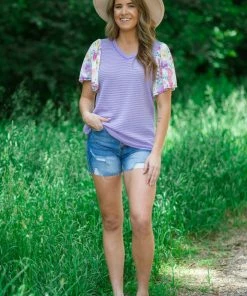 BIBI Lavender Waffle Knit Top With Floral Sleeves