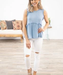 Axis Dusty Blue Heathered Ruffle Trim Babydoll Tank