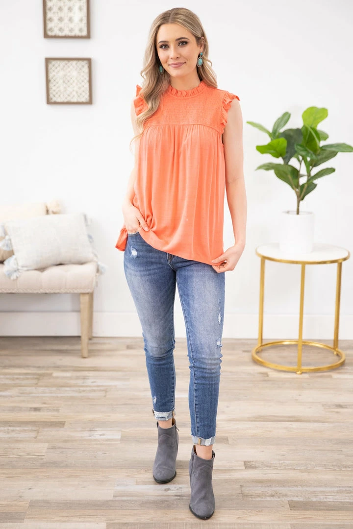 Staccato TANK TOPS Coral Smocked Yoke Ruffle Trim Tank 4 Staccato TANK TOPS Coral Smocked Yoke Ruffle Trim Tank