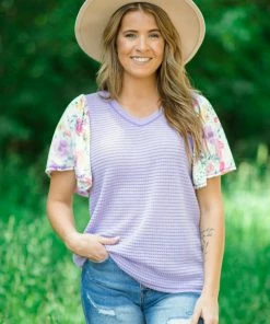 BIBI Lavender Waffle Knit Top With Floral Sleeves