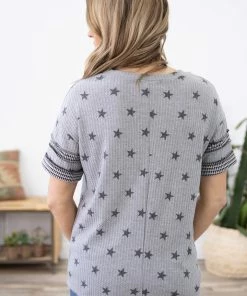 Haptics Grey Star Print Waffle Knit Top