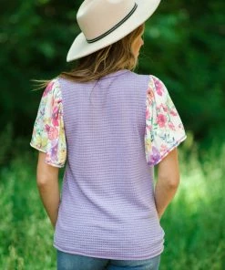 BIBI Lavender Waffle Knit Top With Floral Sleeves