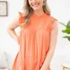 Staccato TANK TOPS Coral Smocked Yoke Ruffle Trim Tank