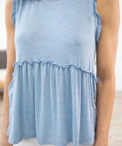 Axis Dusty Blue Heathered Ruffle Trim Babydoll Tank