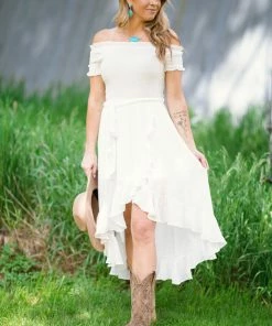 Dress Day White Smocked Bodice Off The Shoulder Dress