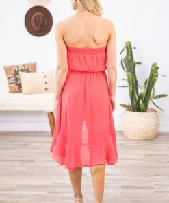 Dress Day Dresses Pink Strapless Elastic Waist Hi Low Hem Dress