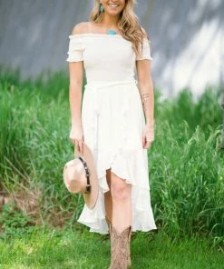 Dress Day White Smocked Bodice Off The Shoulder Dress