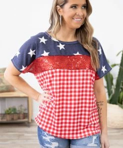 BIBI Navy And Crimson Check And Star Print Top