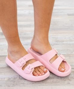 Forever Link Shoes Baby Pink Double Strap Slide On Sandals