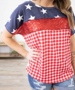 BIBI Navy And Crimson Check And Star Print Top