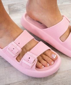 Forever Link Shoes Baby Pink Double Strap Slide On Sandals