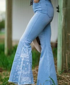 YMI Light Wash Paisley Print Panel Flare Jeans Bottoms