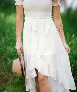 Dress Day White Smocked Bodice Off The Shoulder Dress