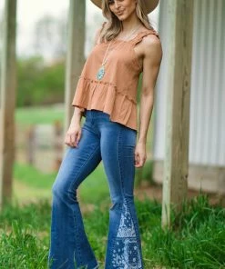 Bottoms YMI Dark Wash Paisley Print Panel Flare Jeans