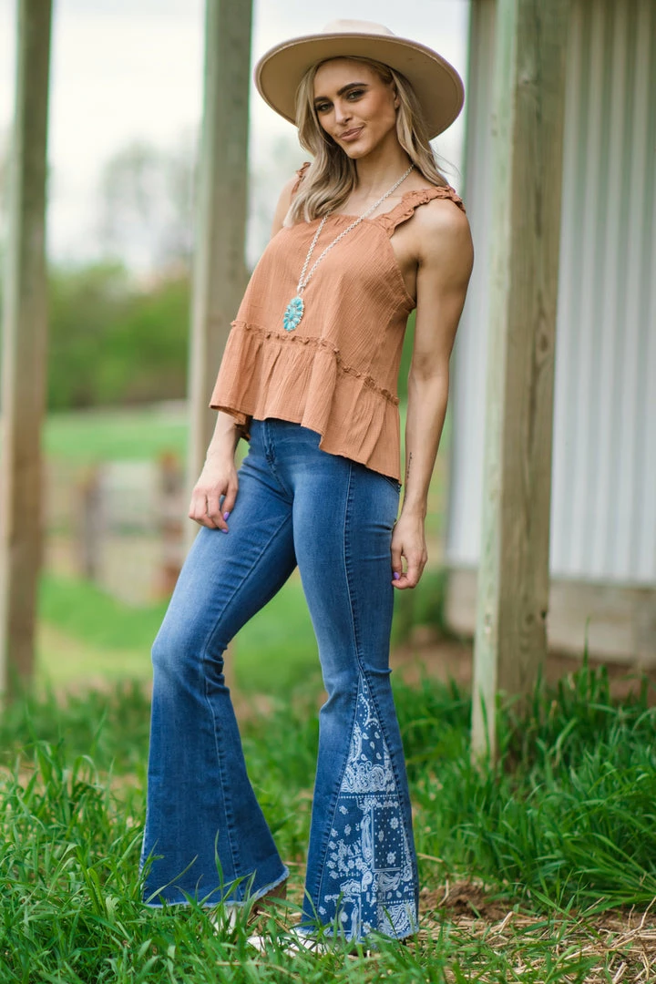 Bottoms YMI Dark Wash Paisley Print Panel Flare Jeans 3 Bottoms YMI Dark Wash Paisley Print Panel Flare Jeans