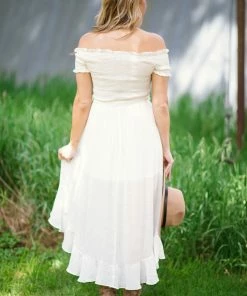 Dress Day White Smocked Bodice Off The Shoulder Dress