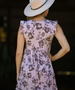 7th Ray Mauve Floral Print Ruffle Sleeve Dress Dresses