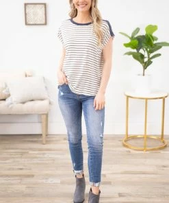 Staccato SHORT SLEEVES Ivory And Navy Stripe Cap Sleeve Top