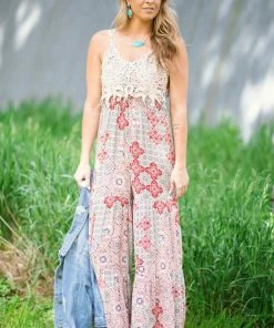 Blue B Red Crochet Top Medallion Print Pant Jumpsuit Dresses