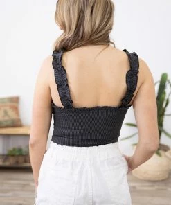 Gilli Tops Graphite Rib Knit Ruffle Trim Bodysuit