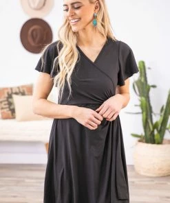 White Birch Black Faux Wrap Short Sleeve Dress