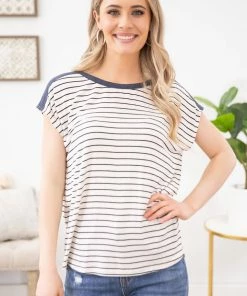 Staccato SHORT SLEEVES Ivory And Navy Stripe Cap Sleeve Top