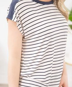 Staccato SHORT SLEEVES Ivory And Navy Stripe Cap Sleeve Top