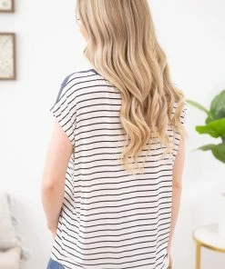 Staccato SHORT SLEEVES Ivory And Navy Stripe Cap Sleeve Top