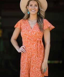 Gilli Dresses Orange Ditsy Floral Side Tie Dress