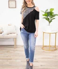 Avery Apparel SHORT SLEEVES Black Animal Print Shoulder Cutout Top