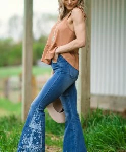 Bottoms YMI Dark Wash Paisley Print Panel Flare Jeans