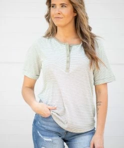 Staccato Light Olive Stripe Henley Top