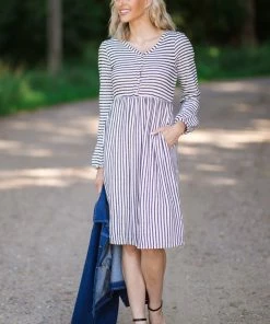 Hailey And Co Off White And Black Stripe Long Sleeve Dress Dresses
