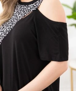 Avery Apparel SHORT SLEEVES Black Animal Print Shoulder Cutout Top