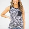 Perfect Peach Black And Grey Animal Print Tank With Pocket Tops