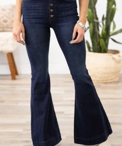 Kancan Dark Wash Button Fly Flare Jeans Bottoms