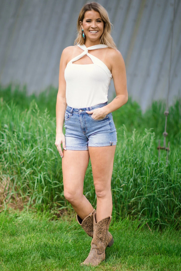 BIBI Tops Off White Rib Knit Halter Tank With Cutout 3 BIBI Tops Off White Rib Knit Halter Tank With Cutout